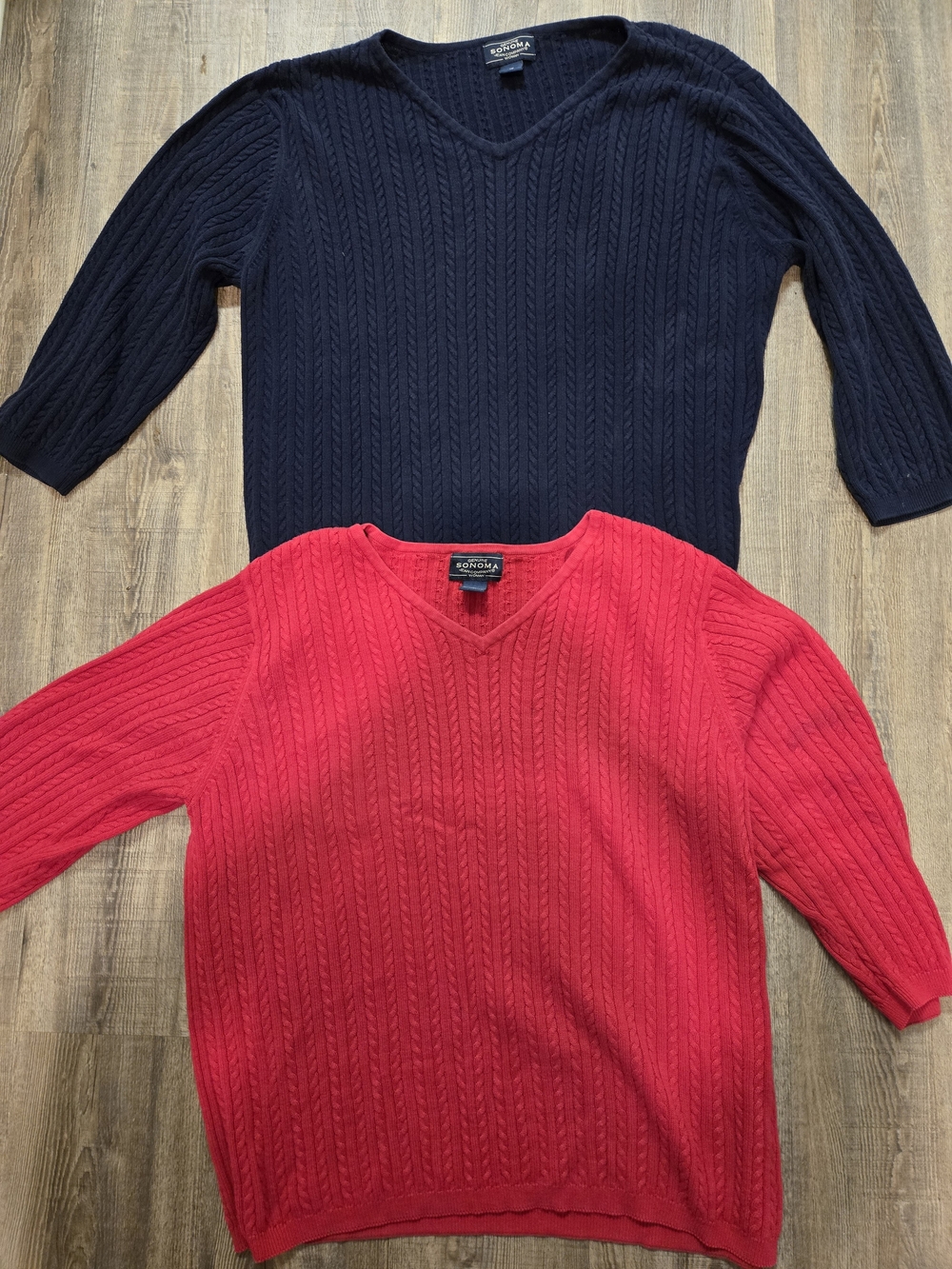 3Sonoma V-Neck Cable Knit Sweaters - Navy & Red